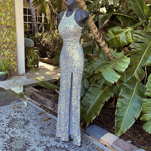 B Darlin, sequin halter backless gown with front slit - Picture 1 of 8